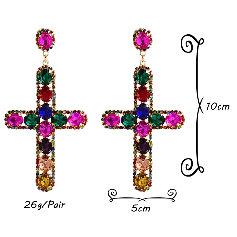 New Design Vintage Long Metal Colorful Crystal Cross Drop Earrings High-Quality Glass Pendant Jewelry Accessories For Women