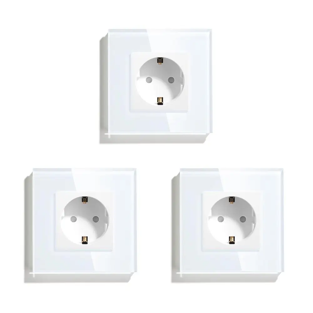 BSEED EU-Standard-Einzelwandsteckdose, doppelte Netzstecker mit weißer schwarzer Kristallglasscheibe, Dreifachsteckdosen, 16 A, 110 V-250 V