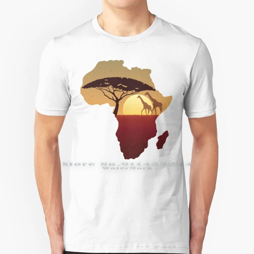 Africa Map Landscape 100% Cotton T Shirt African Map Landscape Double Exposure Silhouette Continent Giraffe Elephant Impala