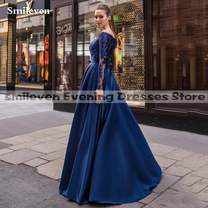 Smileven Navy Blue Satin caftan Evening Dresses Long Sleeve Arabic Special Occasion Dress Off Shoulder Lace Evening Party Gowns