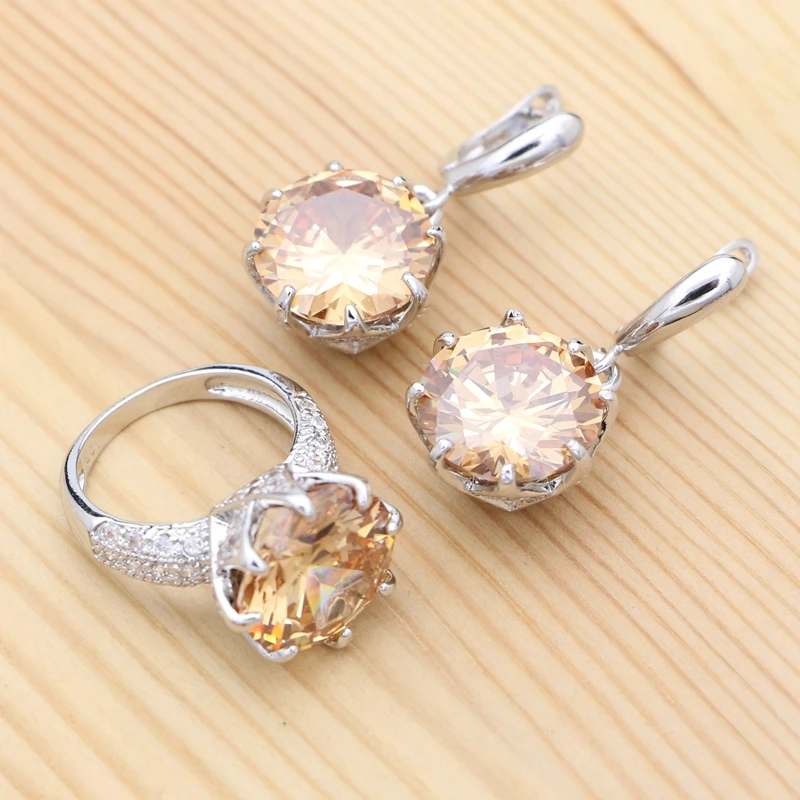 

925 Silver Jewelry Set Vintage Ring Earrings Champagne Cubic Zirconia Classic Ring Jewellety for Women