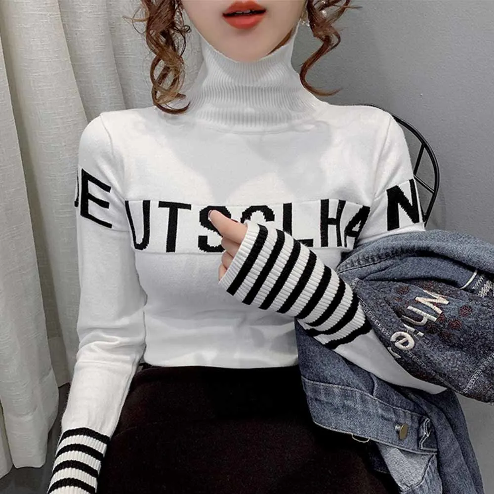 Winter Black White Blue Orange Sweater Women Turtleneck Pullovers Letters Slim Harajuku Casual Turtleneck Sweater Autumn