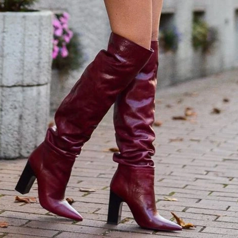 Wine Red Slouch Knee High Boots Chunky High Heels Pointed Toe Pleated Leather Winter Shoes Clear Designer Custom Made Zip Up