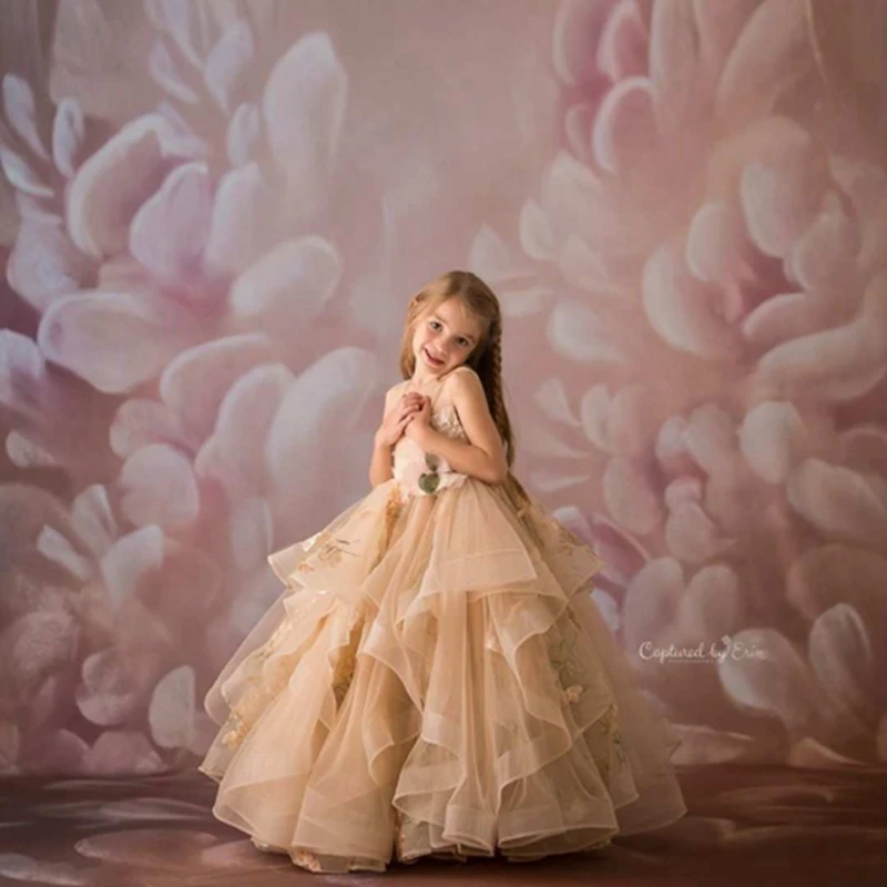 

Lovely Ruffles Tiered Tulle Flower Gilrs Dress Pretty 3D Floral Long Kids Brithday Party Gowns Sleeveless Puffy Pageant Dresses