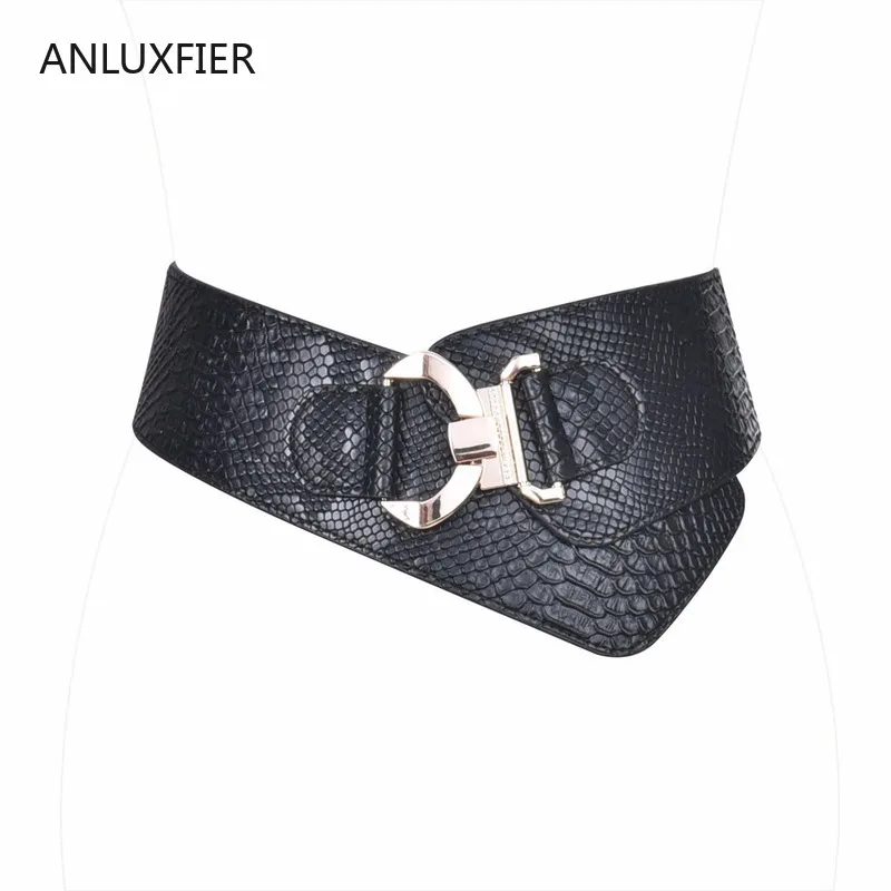 H9869 Lady Black Wide Belt Female High Quality Fashion Elastic Waistband Python Serpent Grain Decoration Metal Buckle Waist Seal