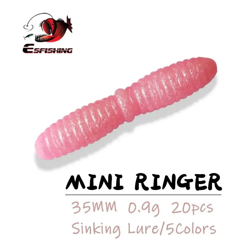 

ESFISHING Soft Worm Bait Mini Ringer 20pcs 35mm Leurre Souple Injecte Large Salts Pike Trout Isca Ice Fishing Lure