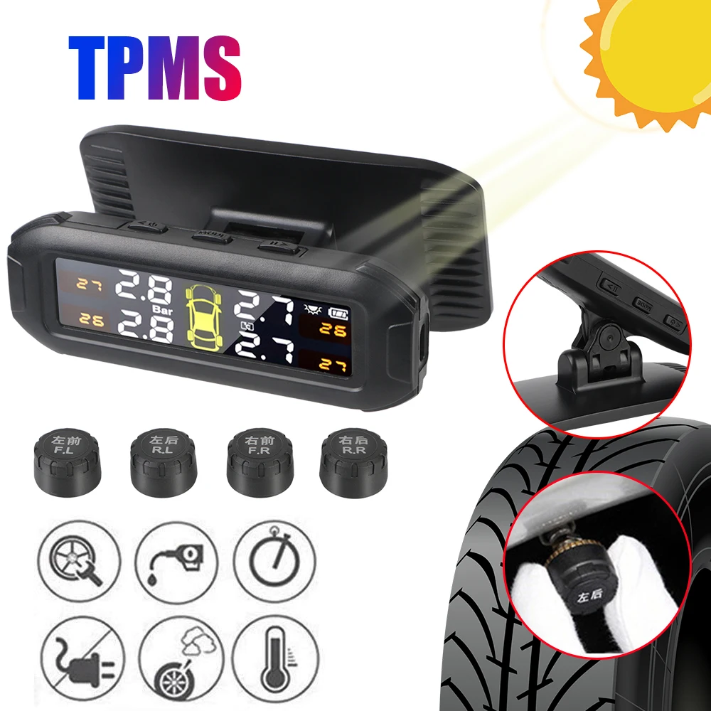 Car TPMS With 4 External Sensors Tire Pressure Monitoring System Tyre Pressure Monitor Solar Warning Fuel Save Set On Windshield