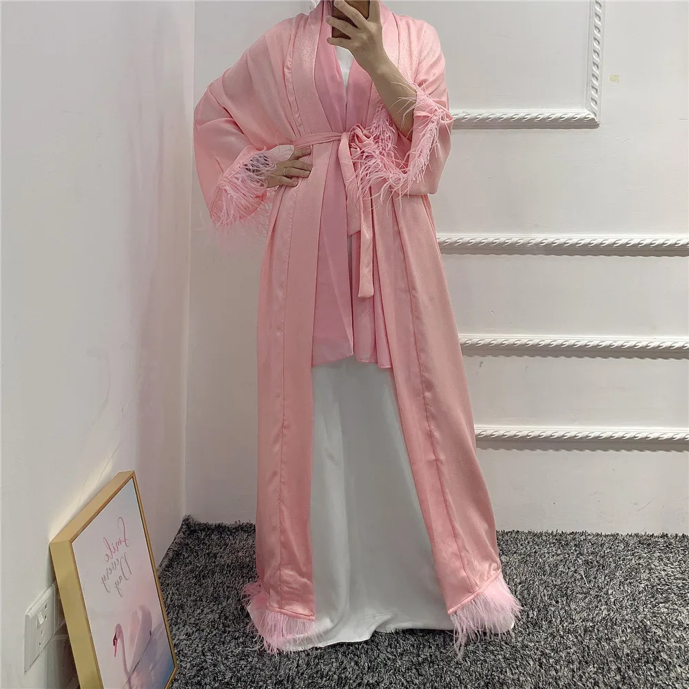 Elegant Muslim Women Open Kimono Arabic Abaya Islamic Clothing Dubai Caftan Maxi Robe Gown Ramadan Feather Edge Turkey Fashion