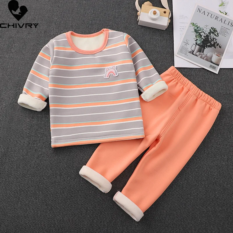 Neue Kinder Jungen Verdicken Warme Pyjama Sets Baby Mädchen Cartoon Druck Oansatz Tops mit Hosen Herbst Winter Schlaf Bekleidung Sets