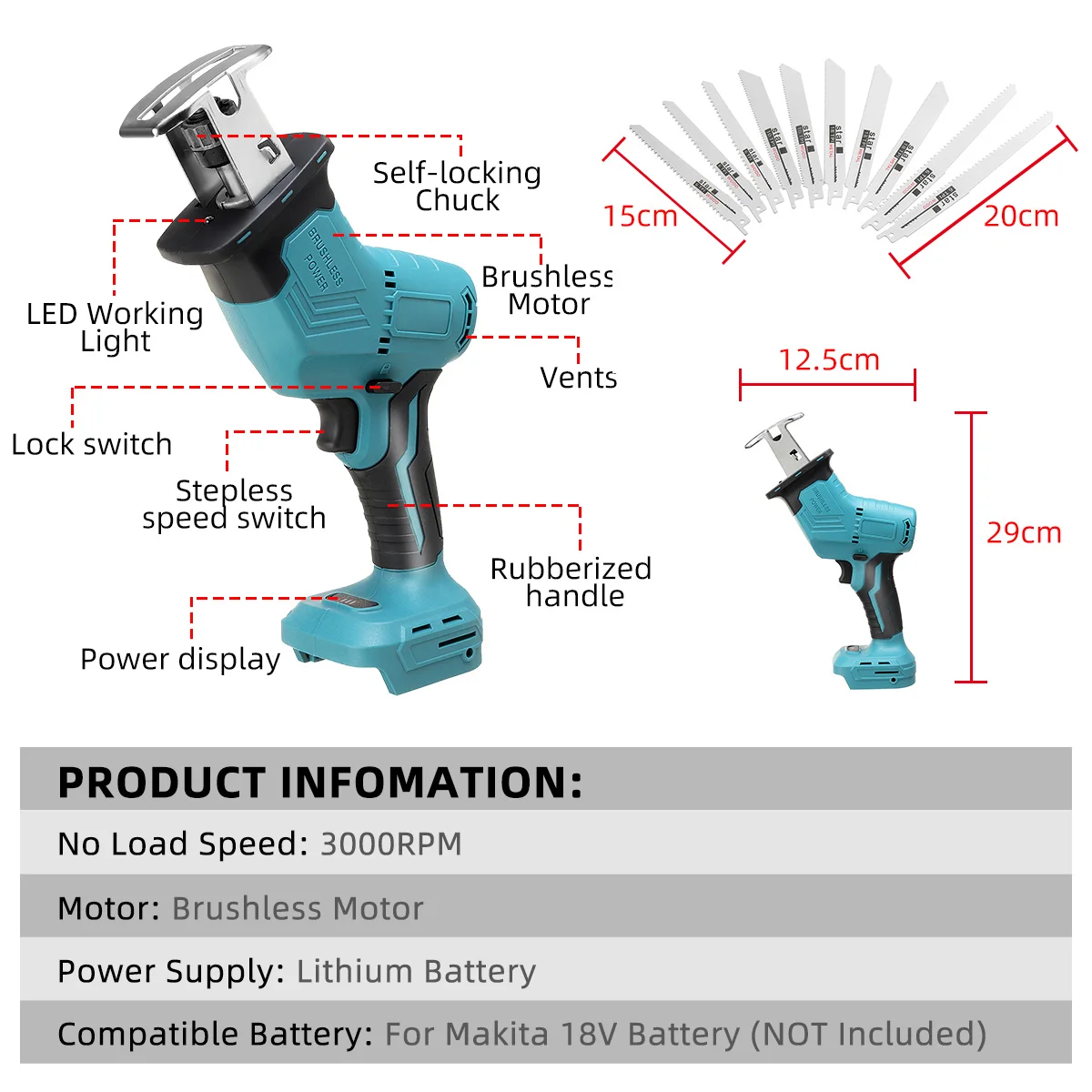 Drillpro 3000rpm Brushless Reciprocating Saw Electric Saw 10Pcs Saw Blades Metal Wood Cutting Machine for Makita 18V Battery