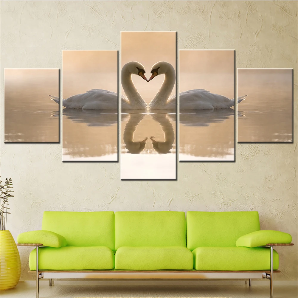 Swans Couple Heart Wall Art Canvas Set Modular Love Painting Room Decoration Teenager Lake View Posters on the Wall Home Decor