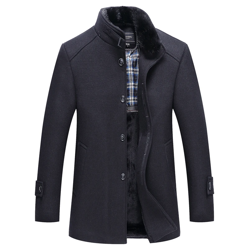 Genuine men's woolen coat, winter long section plus velvet thick woolen jacket, fashion casual business stand collar jacket 5XL