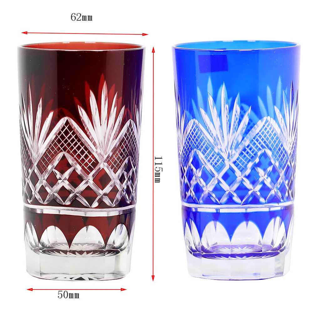 Edo Kiriko Bohemian Czech Handmade High Quality Hand Cut To Clear Blue Red Crystal Drinkware Whiskey Glass Wine Glass 2 Order