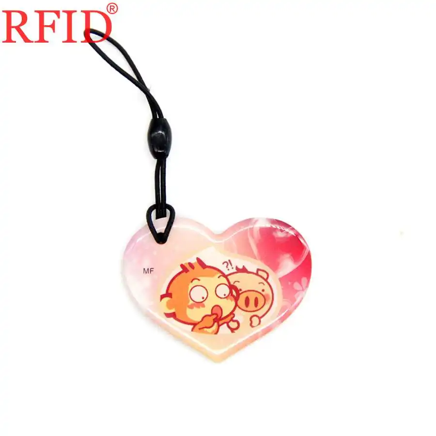 UID S50 1K 13.56Mhz Changeable RFID Rewritable IC Card Cartoon Love Shape Dropping Glue Keychain Token Tag Access Control Card 1