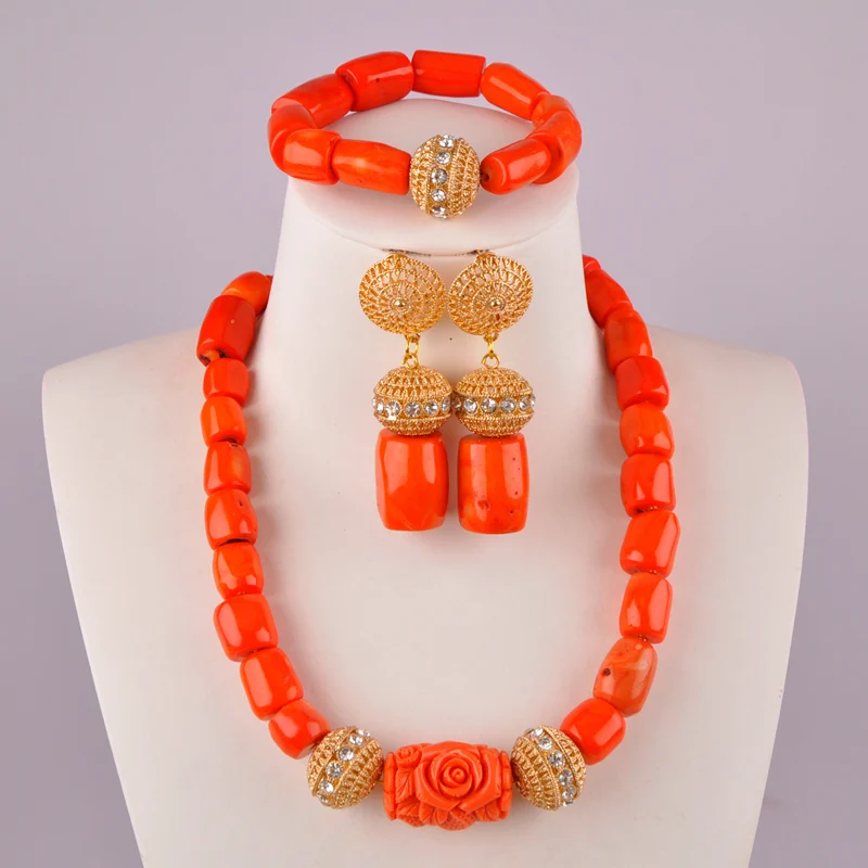 

African beads bridal wedding necklace cylindrical Orange coral beads jewelry Nigerian wedding bridal jewelry set AU-13