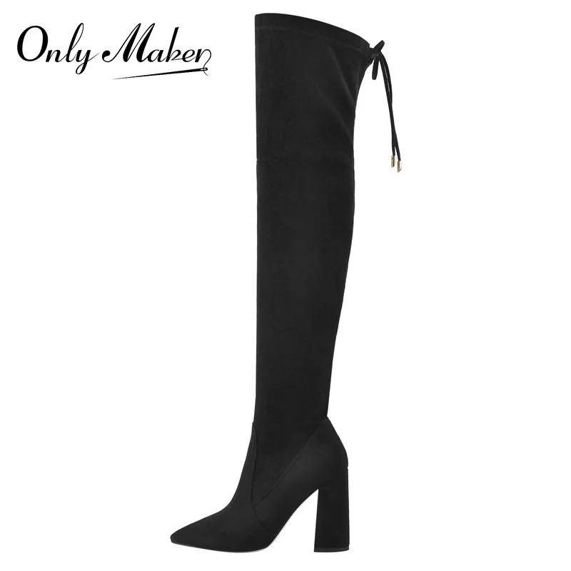 Onlymaker Women Pointed Toe Over The Knee Boots Lace-Up Black Flock PU High Stretch Chunky High Heel Zipper Large Size Boots