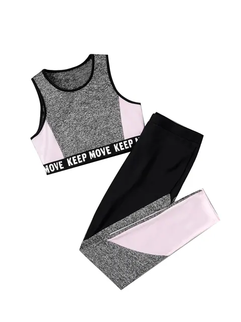 Dziewczyny dresy dzieci bez rękawów list podkoszulki + legginsy sportowe stroje dzieci Splice krótkie bluzki do gimnastyki Fitness joga