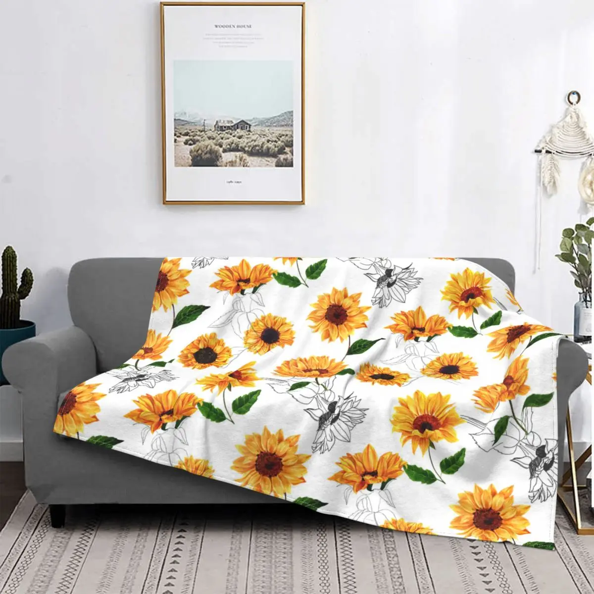 Hand Drawn Sunflowers Pattern Blankets Fleece Decoration Ultra-Soft Throw Blankets for Bedding Bedroom Plush Thin Quilt