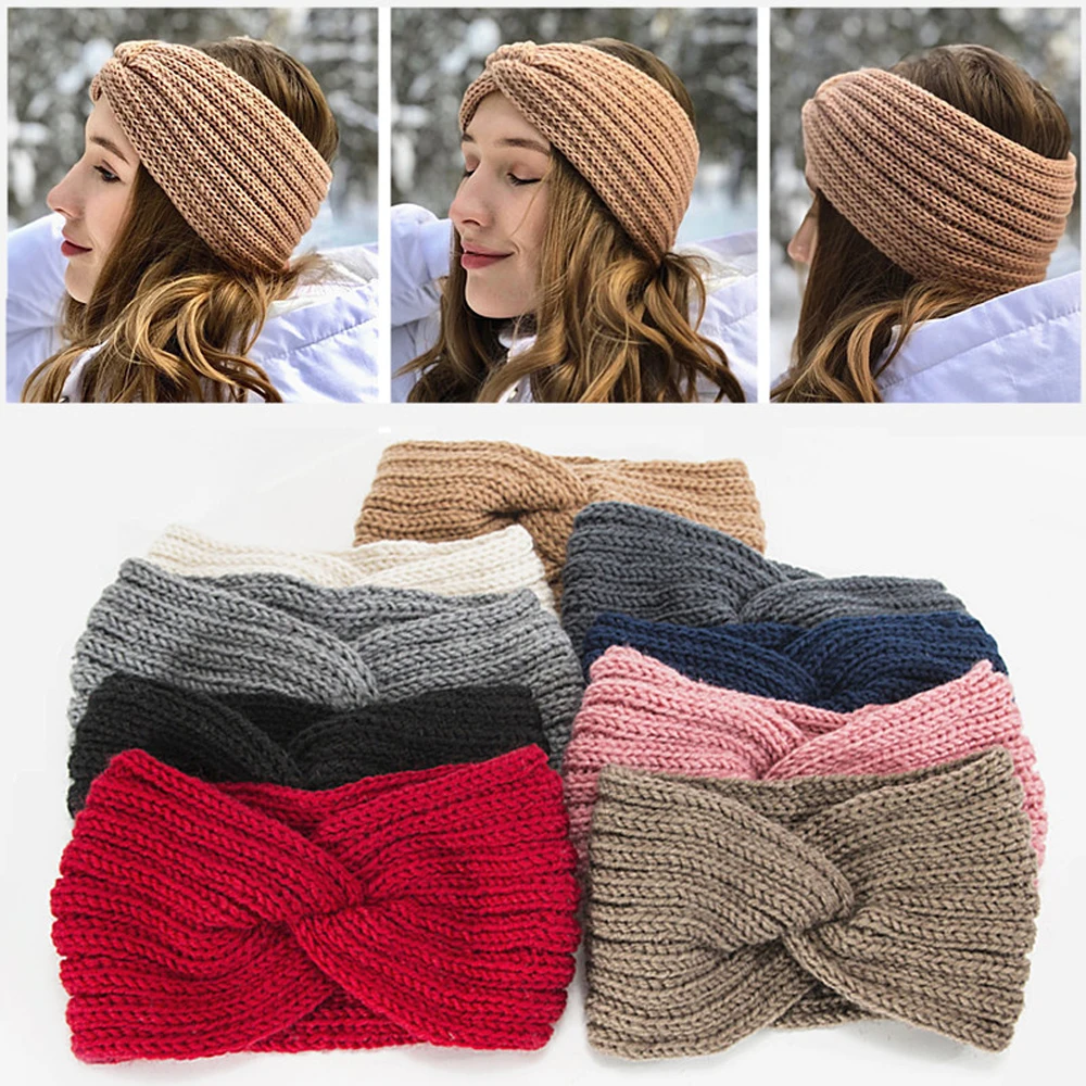 

Women Weaving Cross Headband Knitting Warm Headwear Leopard Bowknot Turban Wide Fashion Winter Cycling Crochet Turban Colorful