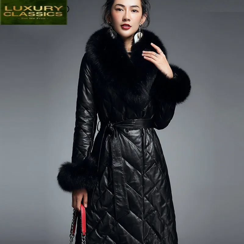 Jacket 2021 Genuine Leather Women Winter Down Parka Slim Long Jackets Real Fox Fur Sheepskin Coats Female Outwear LWL1211