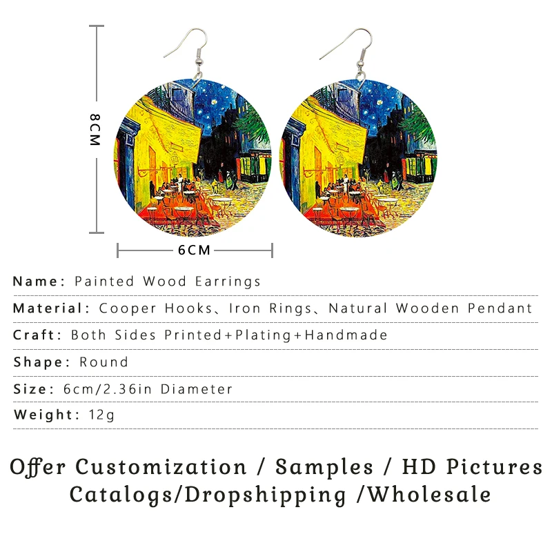 Voikukka Jewelry Van Gogh Paintings Self  Portrait Pattern Wooden Both Sides Print Pendant Drop Women Earrings For Gifts