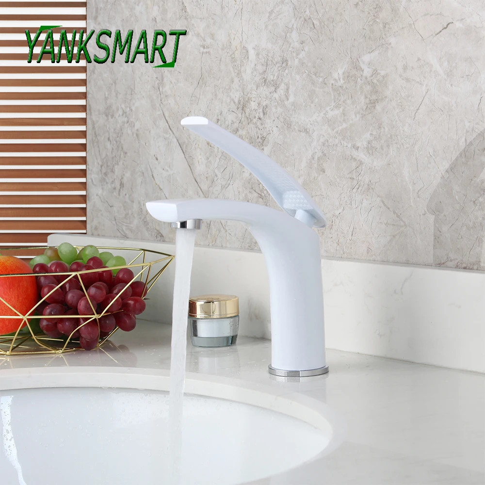 

YANKSMART White Spray Paint Bathroom Basin Sink Faucet Single Handle Cold And Hot Solid Brass Faucets Deck Mounted Mixer Tap