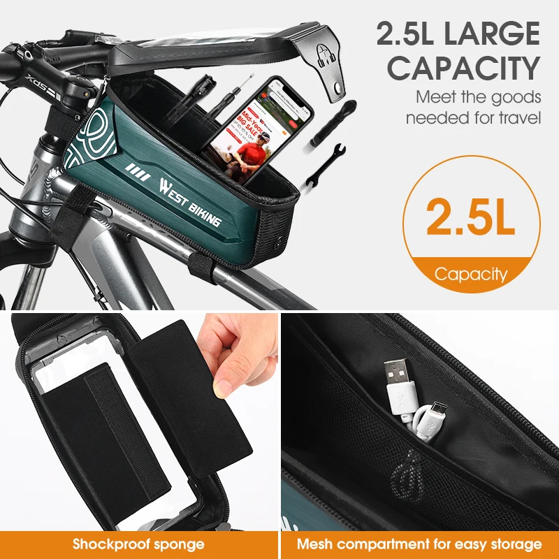 WEST BIKING 2.5L Bicycle Bag Waterproof Bike Frame Bag Touchscreen 7.0 inch Phone Case Cycling Bag MTB Road Bike Accessories