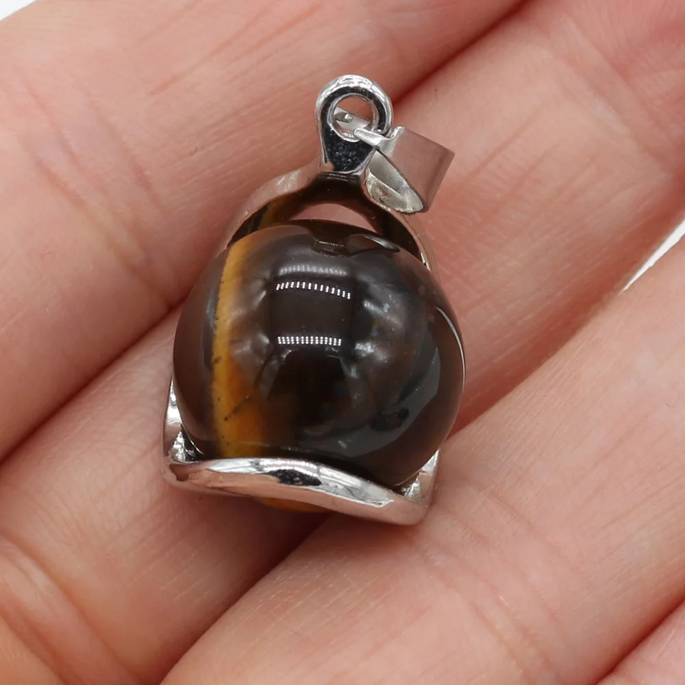 Natural Stone Rose Quartzs Tiger Eye Stone Pendants Metal Alloy Round Shape Stone Charms for Jewelry Making DIY Necklace 16x23mm