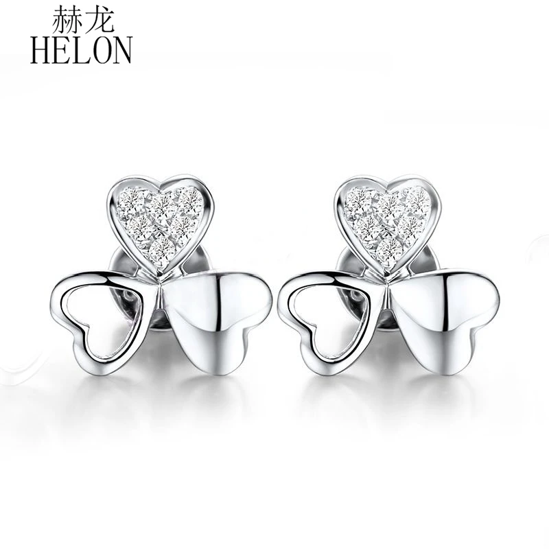 HELON 18K White Gold Pave Delacate Clover Jewelry Eternity Natural Diamond Earrings Engagement Wedding Women Fine Jewelry Gift