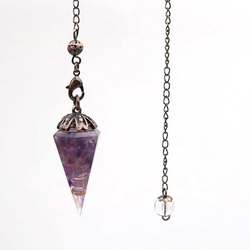 

FYJS Unique Copper Plated Chain Amethysts Stone Hexagon Pyramid Pendant Red Agates Resin Pendulum for Dowsing Jewelry