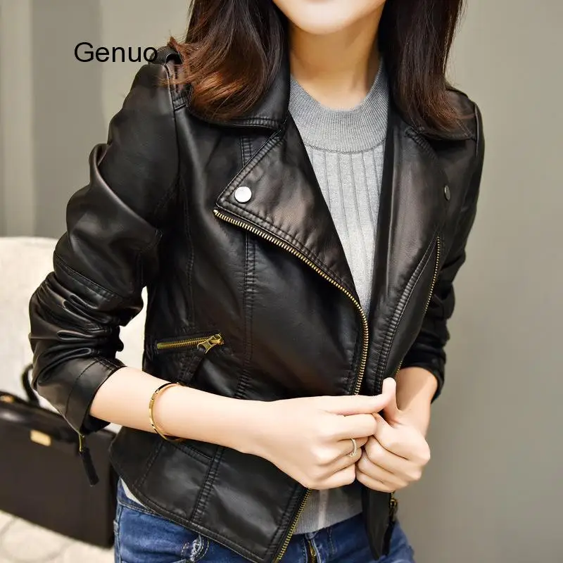 Spring Autumn Fashion Women Leather Jacket 2020 New Short Solid Color Women Jacket Lapel Long Sleeve Women Leather Jacket