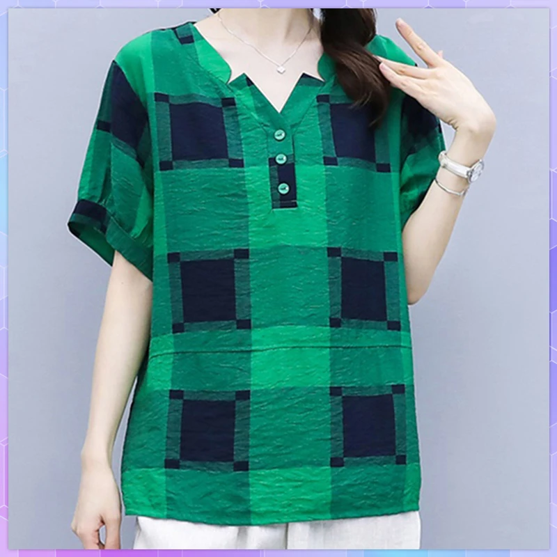 Elegant Plaid Oversized T-shirt Women Cotton Linen Tee Shirts Plus Size Vintage Loose Short-Sleeve Top Ladies Large Size Tops