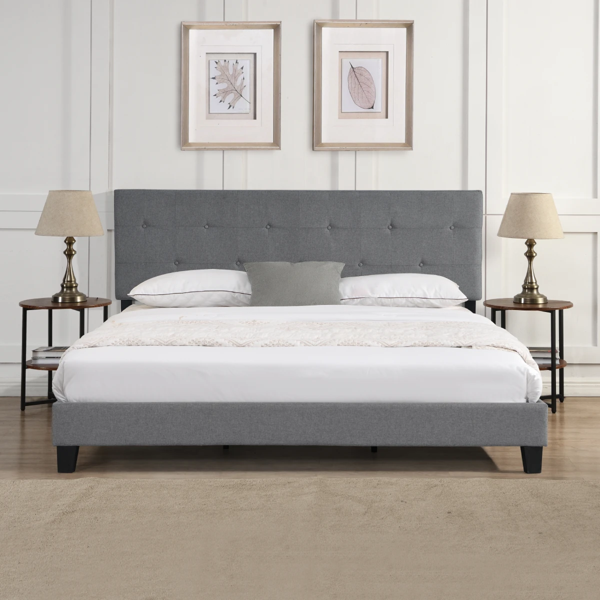 King Size Upholstered Platform Bed Frame with Button Tufted Linen Fabric Headboard Wood Slat Support Easy Assembly Gray[US-W]