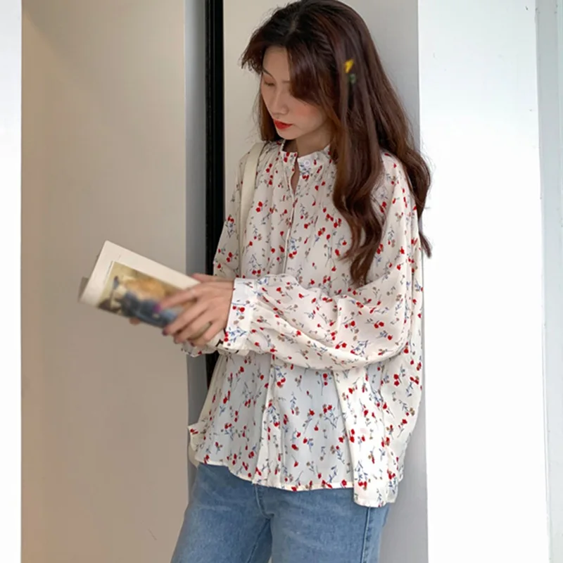 Women\'s Floral Printing O Neck Shirt Single Breasted Loose Leisure Long Sleeve Chiffon Blouse