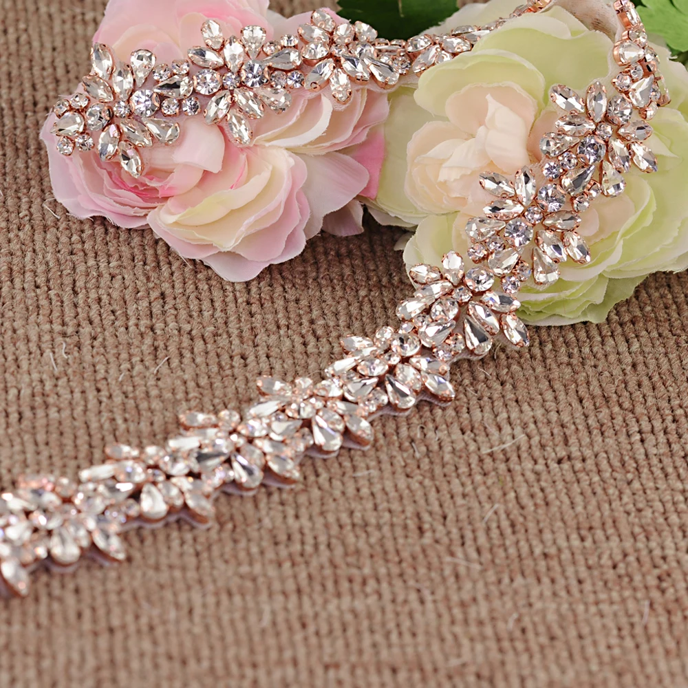 100% Handmade Rose Gold Crystal งานแต่งงานเข็มขัดเพชรเข็มขัดเจ้าสาว Sash Rose Gold Rhinestones เข็มขัด Sashes