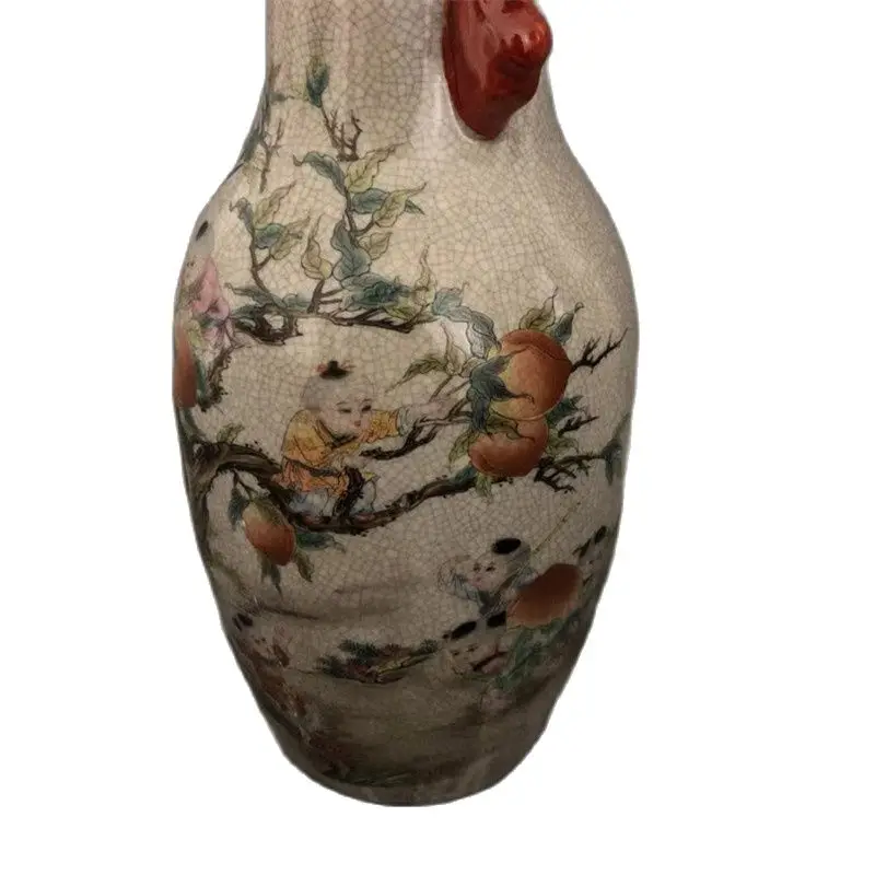 Chinese Old Porcelain Crack Glazed Jiuzi Pantao Shoutao Painting Double Ear Vase