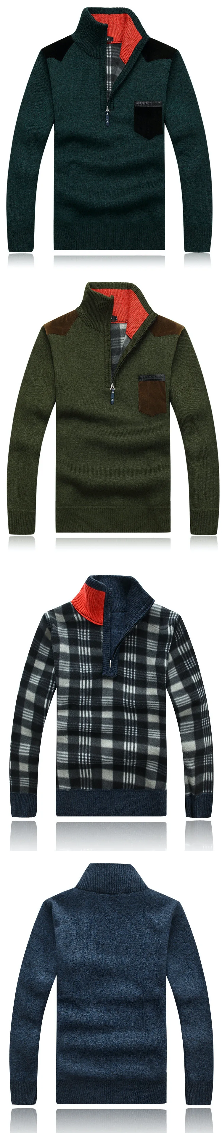 Herren-Pullover mit Viertelreißverschluss und Stehkragen, lässiger Strickpullover mit kontrastierenden Taschen-Schulterflicken, warmes Fleece-Futter für den Herbst – Detail 4
