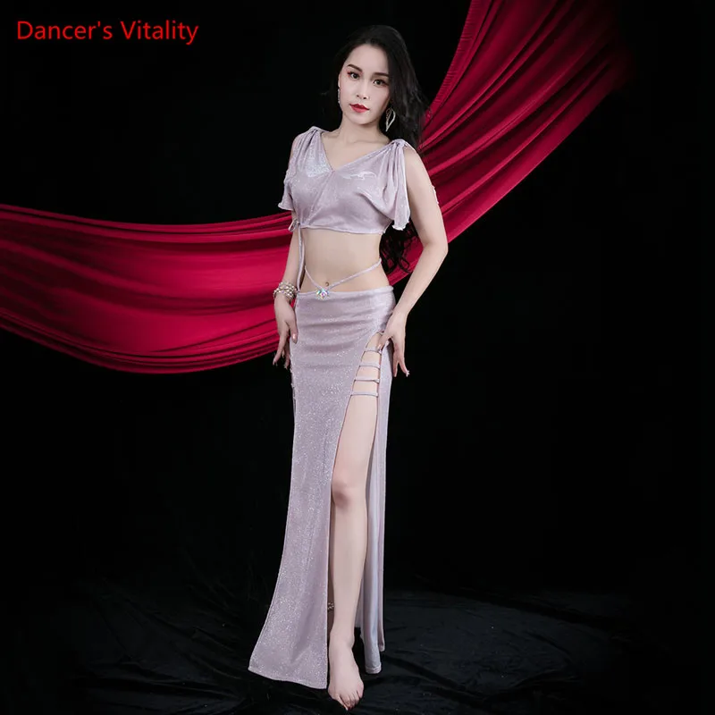 Belly Dance Suit V-neck Sequins Top Split Long Skirt Practice Clothes Set Female Elegant Shirt Performance Training Clothing