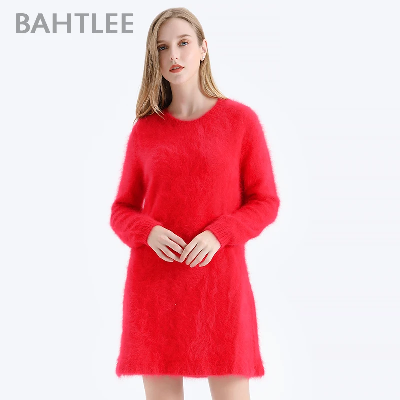 BAHTLEE-Women\'s Angora A Line Dress, Above Knee Length, Wool Knitted Jumper, Long Sleeves, O-Neck, Sexy, Autumn, Winter