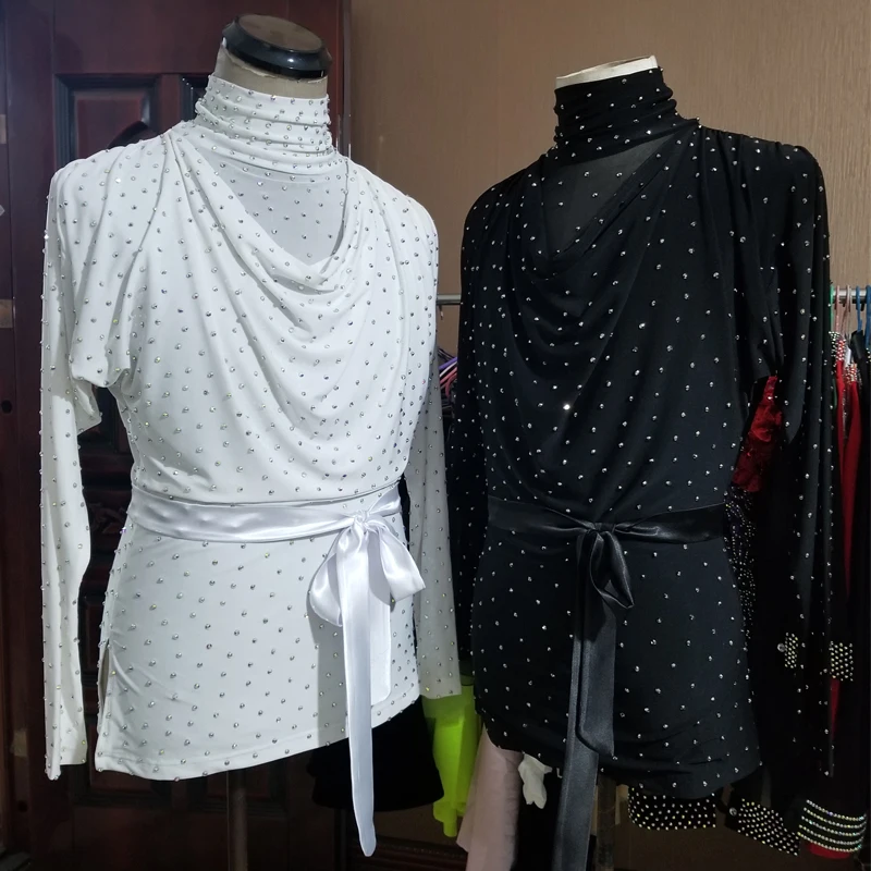 Latin Dance Costume Men Rhinestone Tops High Collar Ballroom Dancing Competition Shirt Long Sleeves Samba Salsa Clothes DNV13902