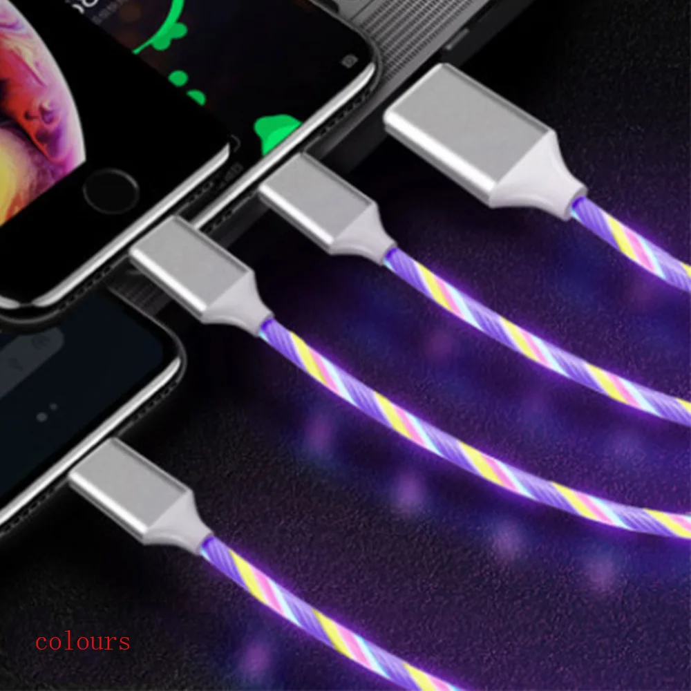 

Car 3 in 1 USB Fast Charger Cable Flowing Colors LED Glow For iPhone Xiaomi Samsung Smartphone High Quality