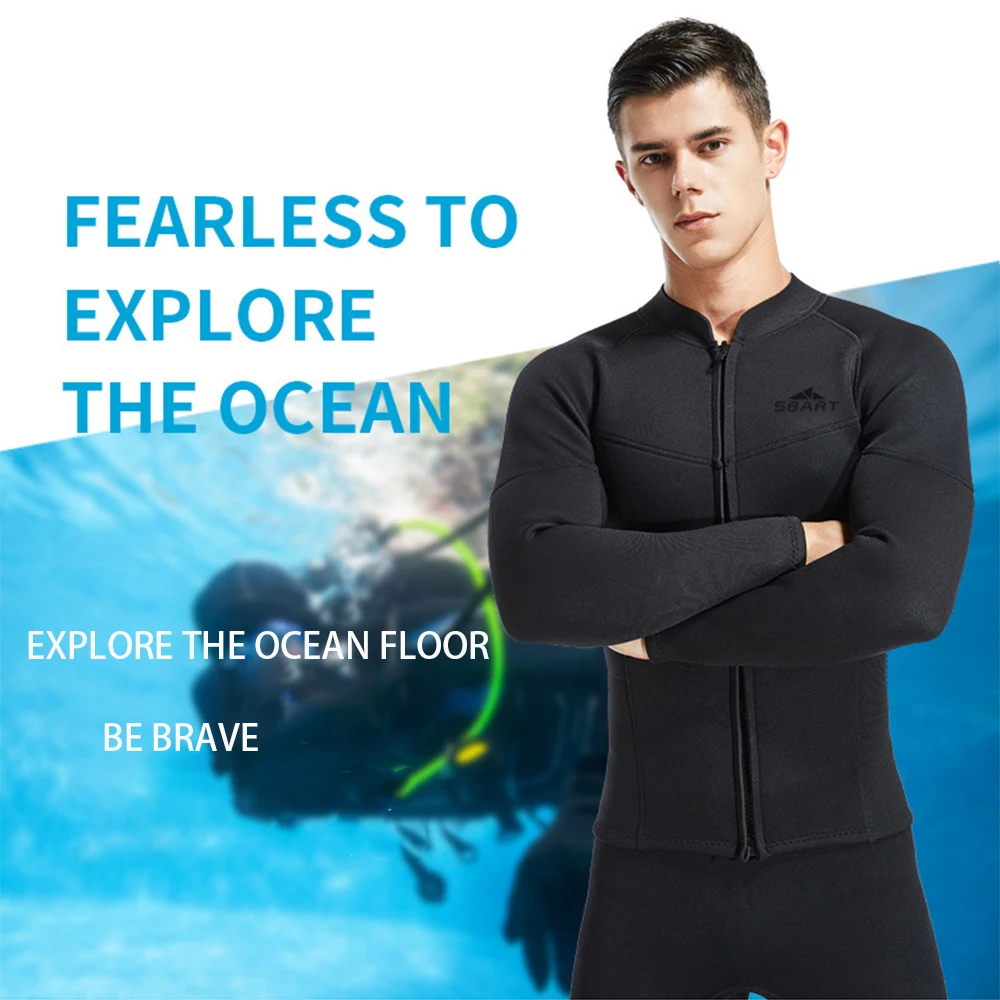 

2021 New Men's Neoprene 3MM Wetsuit Jacket Long Sleeve Snorkeling Cold Warm Diving Sunscreen UV Surfing Suit Front Zip