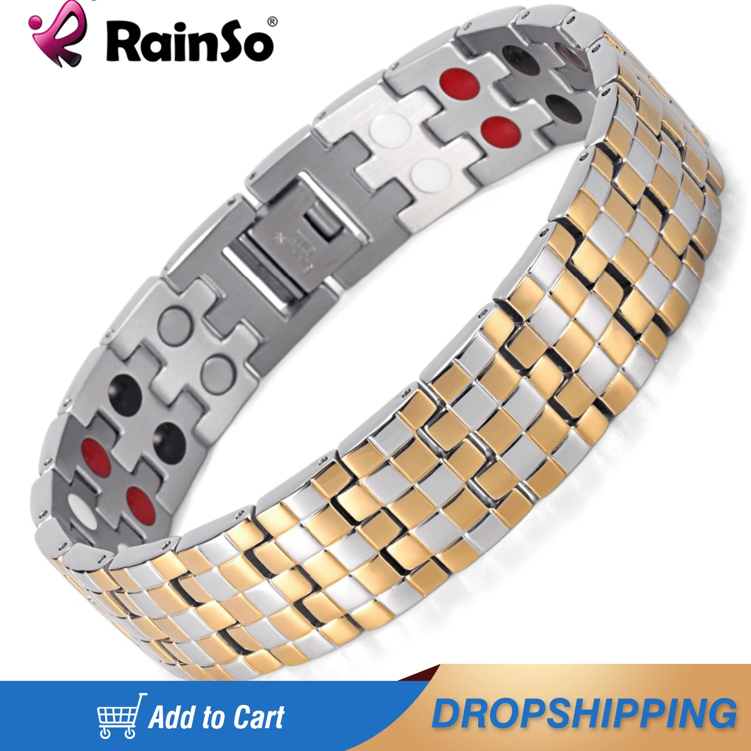 Rainso Fashion Double Row 4 Elements Healthy Bracelet For Man Stainless Steel Hand Link Wristband Polished Bracelet viking