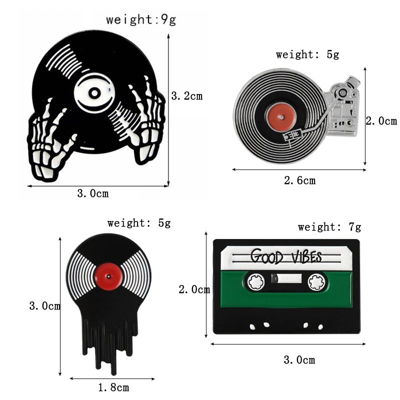 4 Styles Retro 90s Music Player Disk Recorders Cassette Tape Skull Hand GOOD VIBE Punk DJ Pins Denim Shirt Badge Gifts For Fans