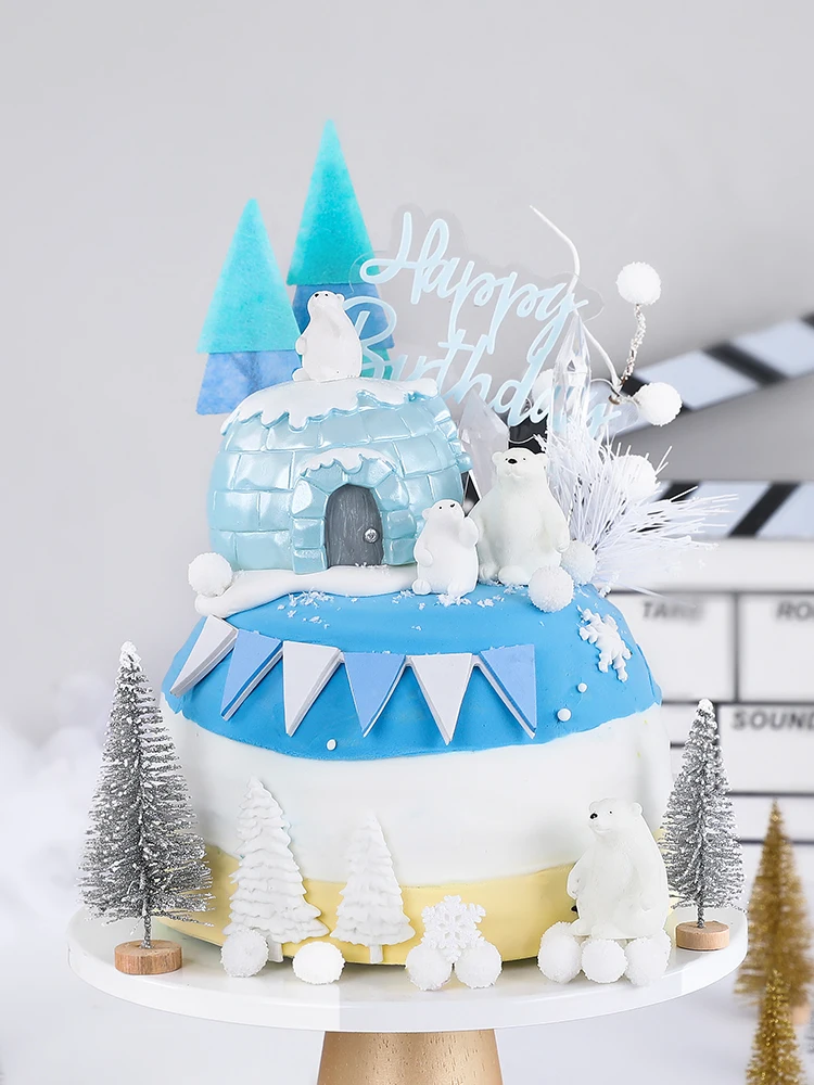 Polar Bear Theme Cake Topper for Home Happy Birthday Merry Ice and Snow Party Ornaments Dessert Baking Decorations Supplies