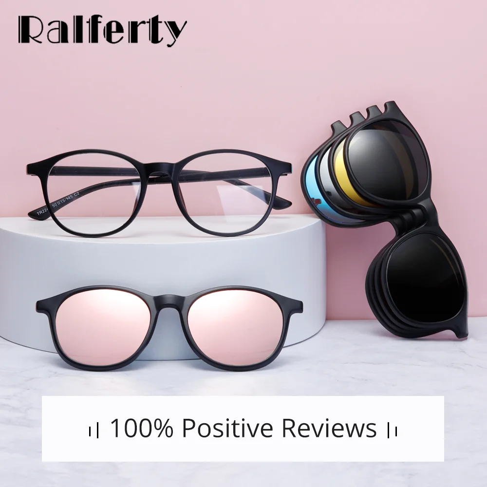 Ralferty Magnet Sunglasses Women Polarized 6 In 1 Eyeglass Frame With Clip On Glasses Men Round UV400 TR90 3D Yellow Oculo A2245