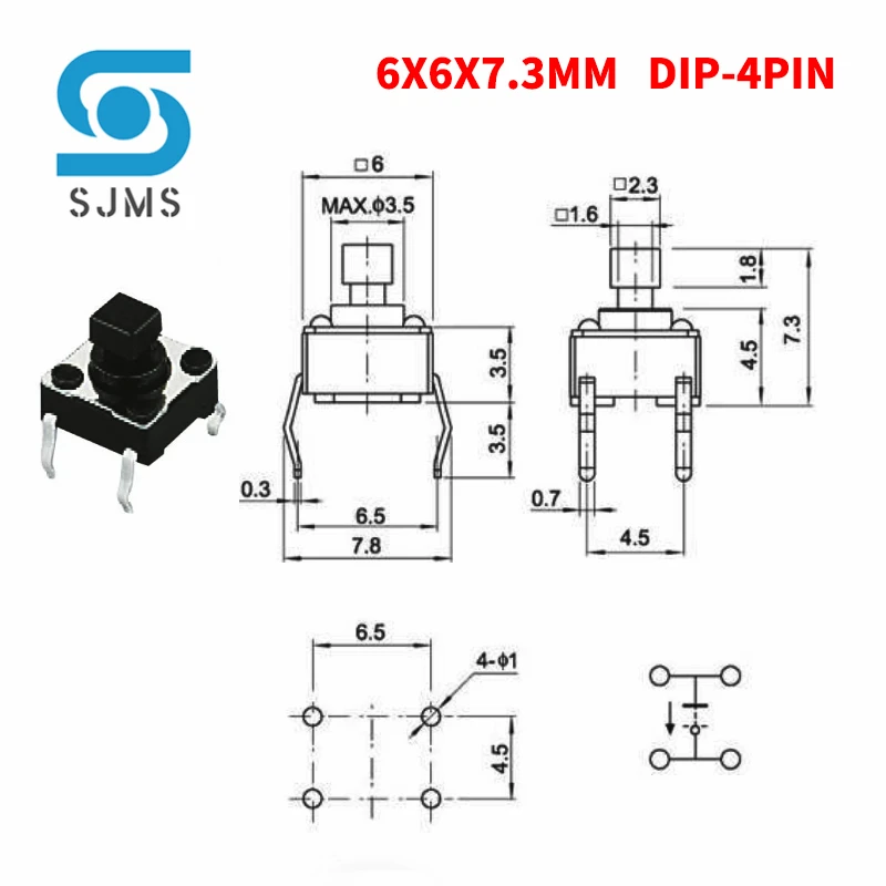 10pcs 6*6*7.3mm DIP-4PIN SMD-4PIN Momentary Tactile Tact Touch Micro Push Button Switch 6X6X7.3mm + A111 cylindricity Switch Cap