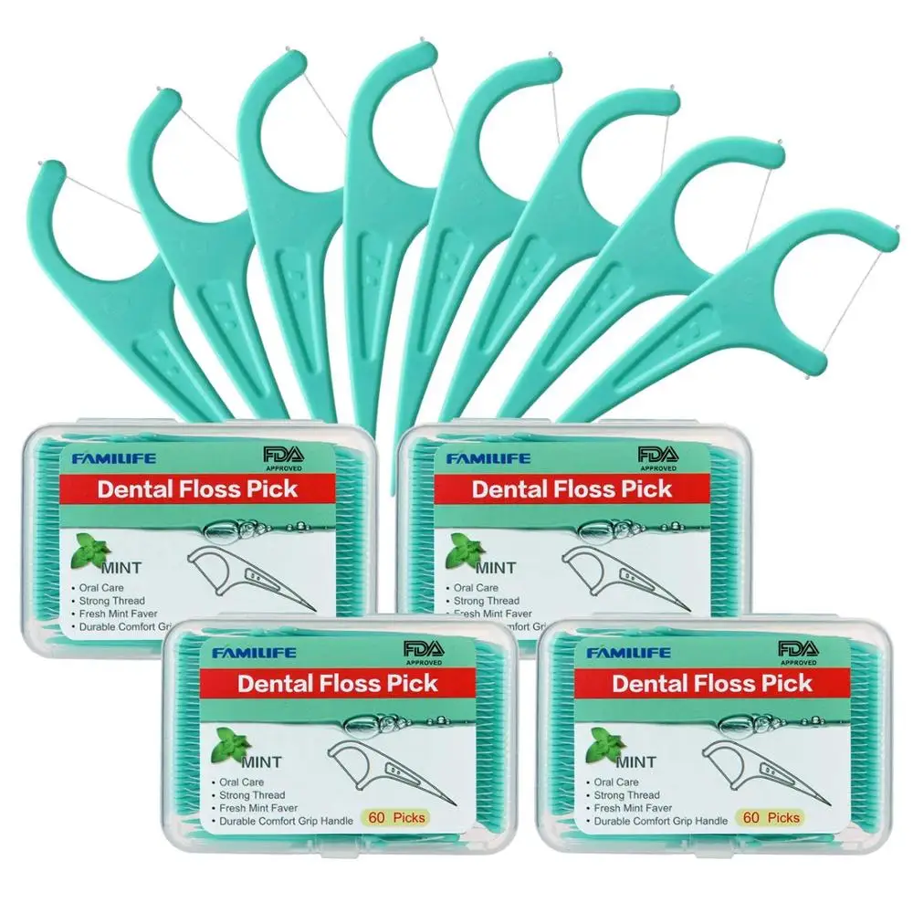 

FAMILIFE Dental Floss Picks High Toughness Professional Toothpicks Sticks 4-Pack(240PCS) with Portable Case and Dental Picks