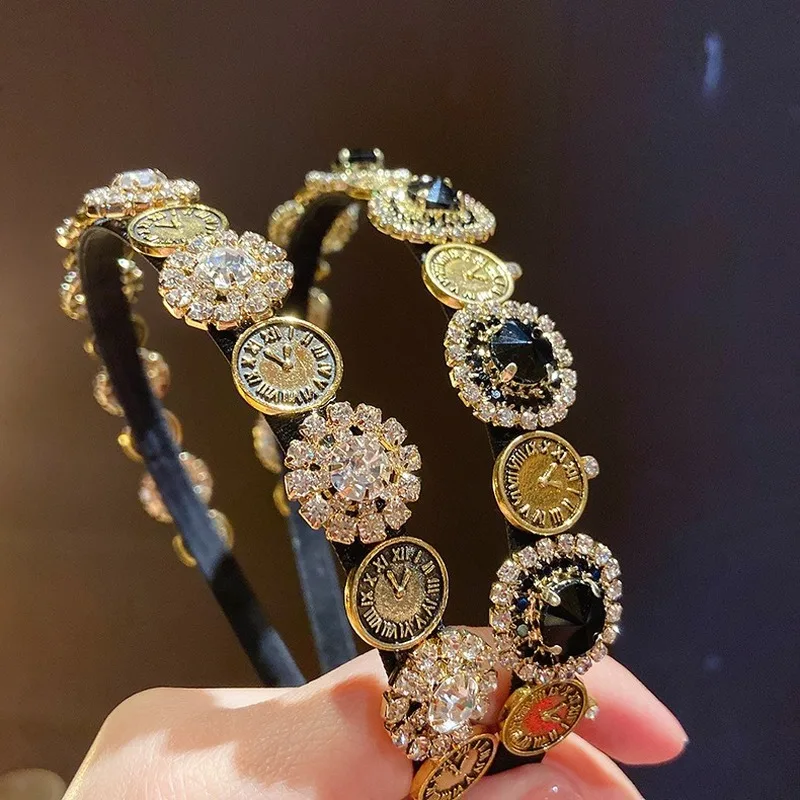 

Wholesale Baroque Palace Style Clock Rhinestone Headband Retro French Korean Temperament Headdress Headband Hair Accessories