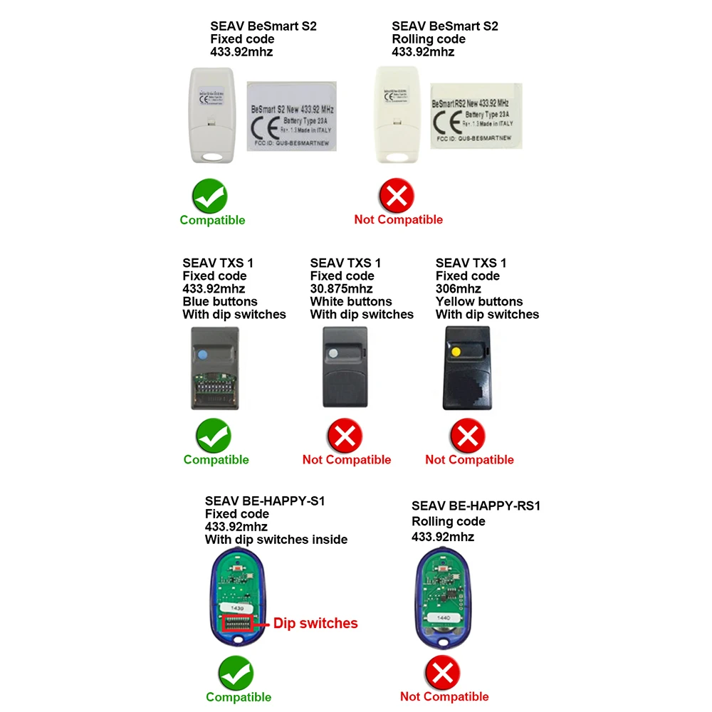 SEAV BE Smart S2,Smart S4,SEAV GOOD S3/ BE-HAPPY-S1 Wireless Rf  Garage Remote Control 433.92mhz Fixed Code Transmitter Key Fob